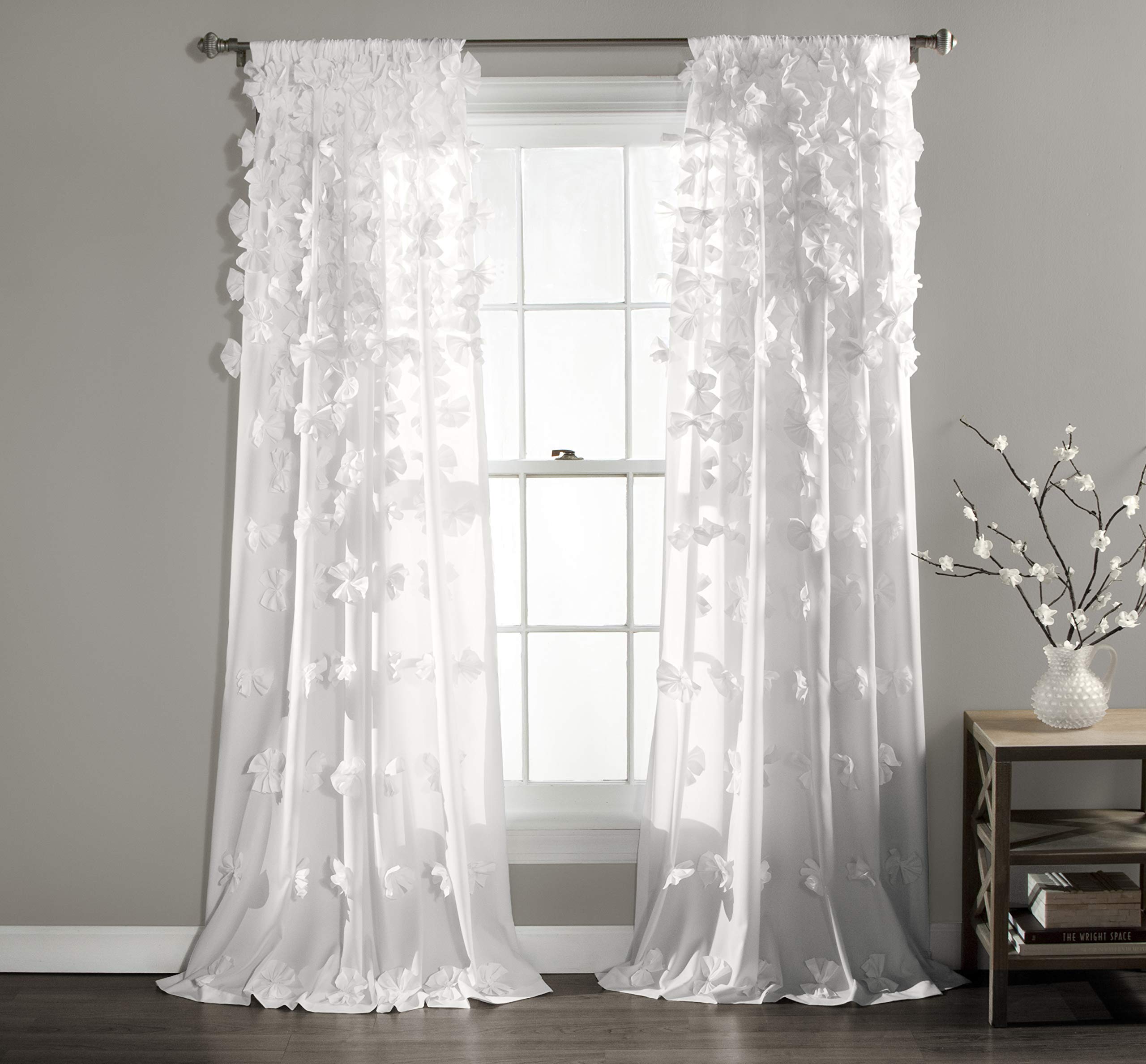 Lush Decor Riley Window Curtain Panel - Charming Handmade Bow Details - Elegant Light Filtering Single Curtain for Living Room, Dining Room, or Bedroom - 54" W x 84" L, White