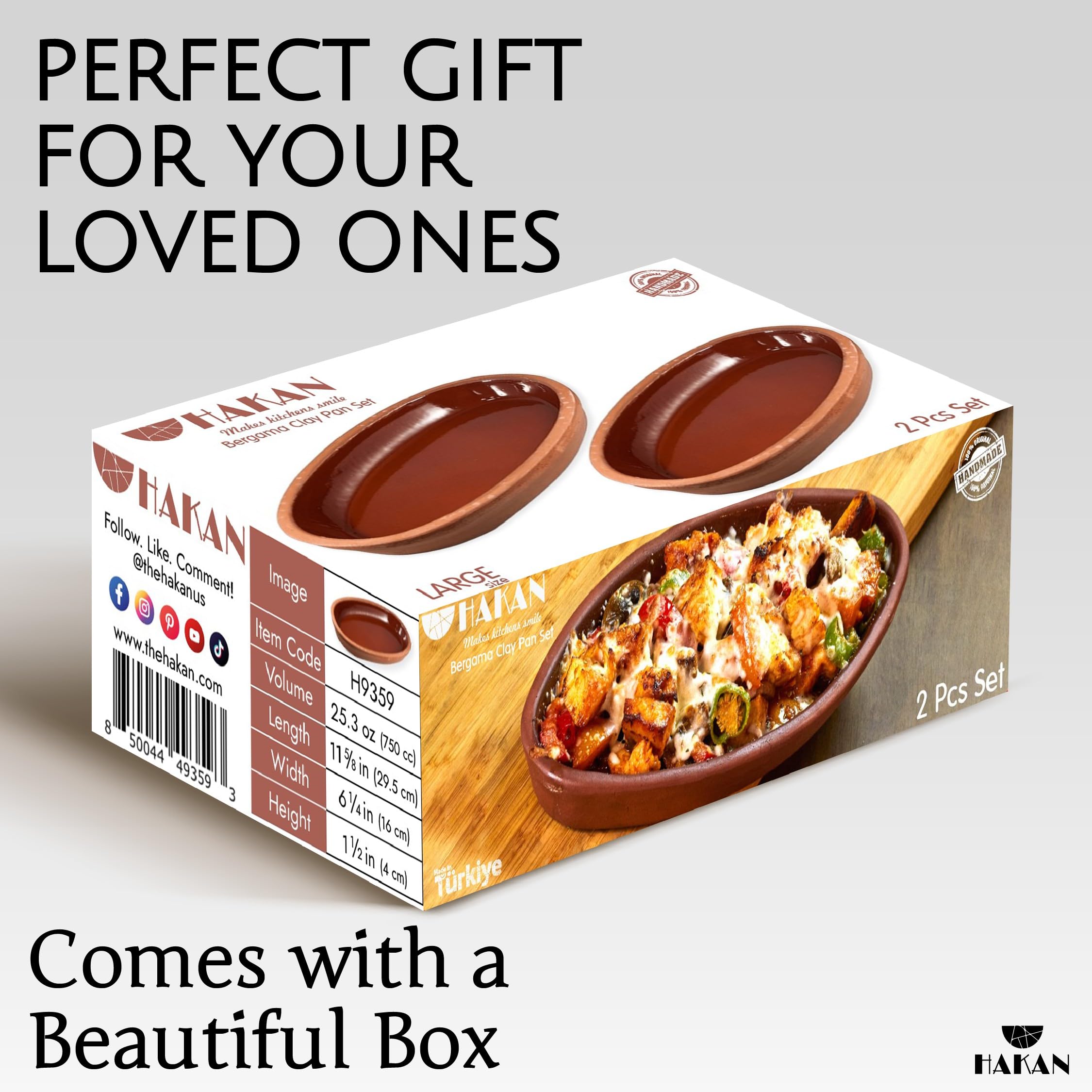 Hakan Bergama Handmade Oval Clay Pan Set of 2 | Terracotta Pans Glazed Inside | Casserole Dishes for Oven Baking | Traditional Earthenware Clay in Box, Large, 6.2 x 11.6 x 1.5-inch 25.3 Oz (750 cc)