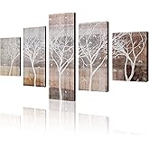 Aitesi Art Autumn Painting On Canvas White Tree Silhouette On Wooden Background Wall Art 5 Piece Large Landscape Falling Leaves Fall Artwork Framed Ready to Hang for Home Decoration 32x60inch