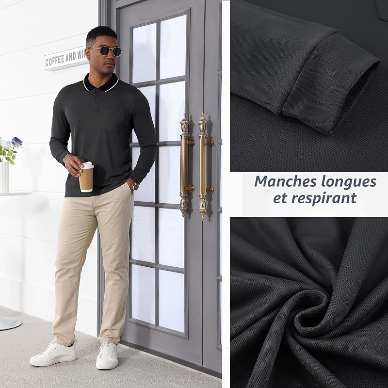 Polo pour Homme à Manches Longues Polo de Golf Travail avec Boutons Polos Chemise Respirants Décontractés T Shirts à Poche,Gris Foncé,M — photo 6 sur 7