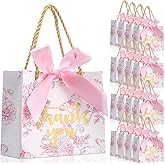 Kolldenn 40 Pcs Small Thank You Floral Gift Bags 5.5''x 2.4''x 4.7'' Pink White Paper Party Favor Bag with Handle Chinoiserie Floral Bag Bulk with Ribbon for Wedding Birthday Bridal Baby Shower