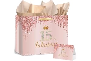 YOIRRAT Rose Gold 15th Birthday Gift Bag for Girls 15 & Fabulous Large Pink Happy 15th Birthday Gift Bag with Wrapping Paper and Card for 15 Years Old Quinceanera Bday Decorations Party Supplies
