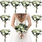 Yuxung Set of 8 Bridesmaid Bouquets 7 Inch White Wedding Bouquets Faux Flowers Rustic Fake Floral Centerpieces for Bridal Marriage Proposal Party Anniversary Dining Table Ceremony (Eucalyptus)