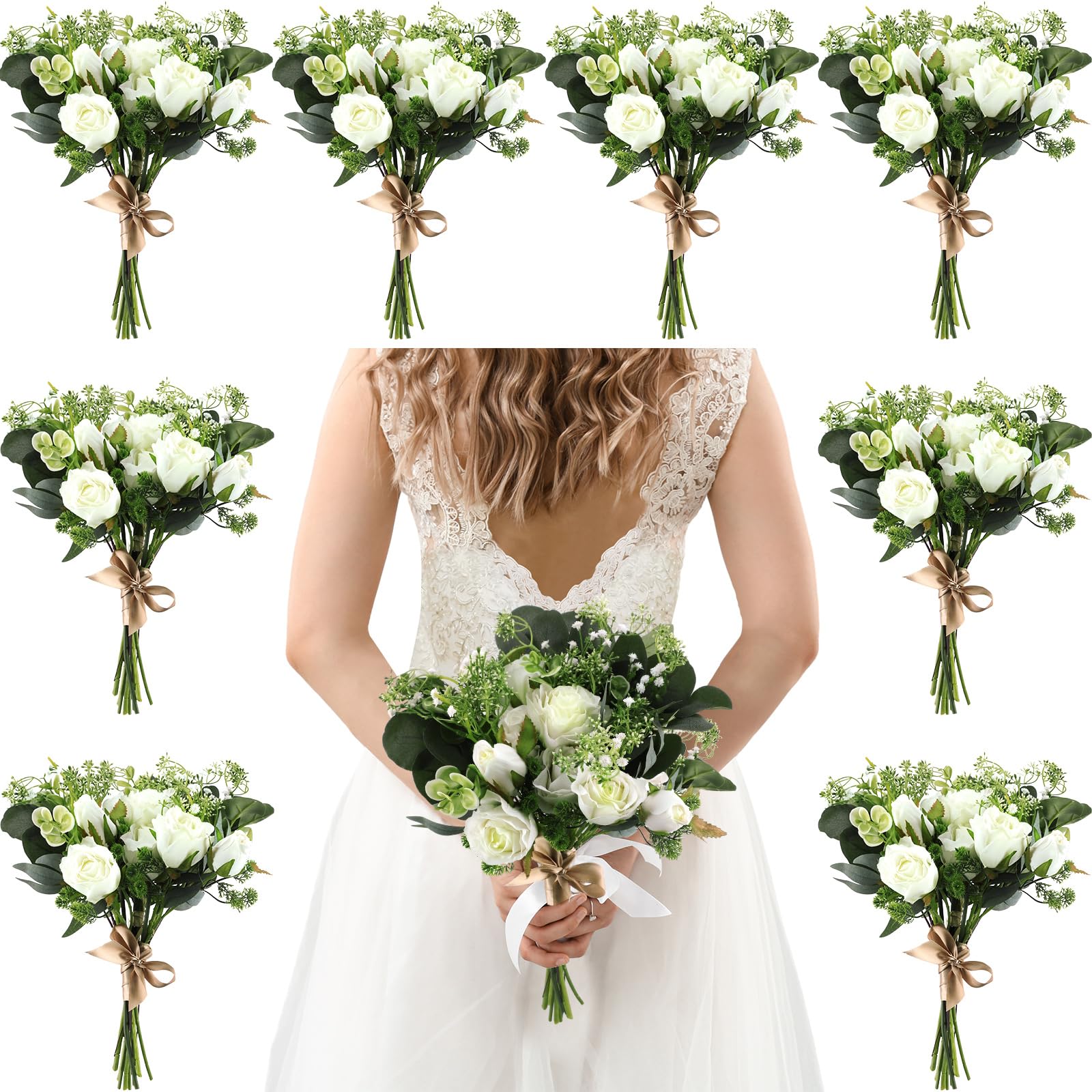 Photo 1 of Yuxung Set of 8 Bridesmaid Bouquets 7 Inch White Wedding Bouquets Faux Flowers Rustic Fake Floral Centerpieces for Bridal Marriage Proposal Party Anniversary Dining Table Ceremony (Eucalyptus)