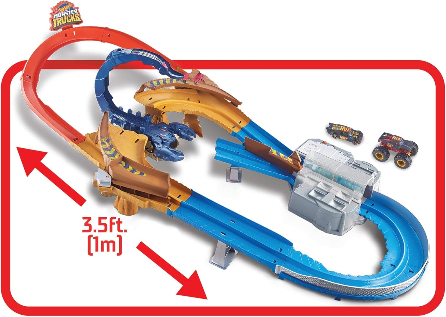 Hot Wheels Monster Trucks Scorpion Sting Raceway 3.5 feet Motorized Track Set with Giant Scorpion, 1:16 Scale Monster Truck Podium Crasher & 1 1:64 Scale Night Shifter Model: Toys & Games