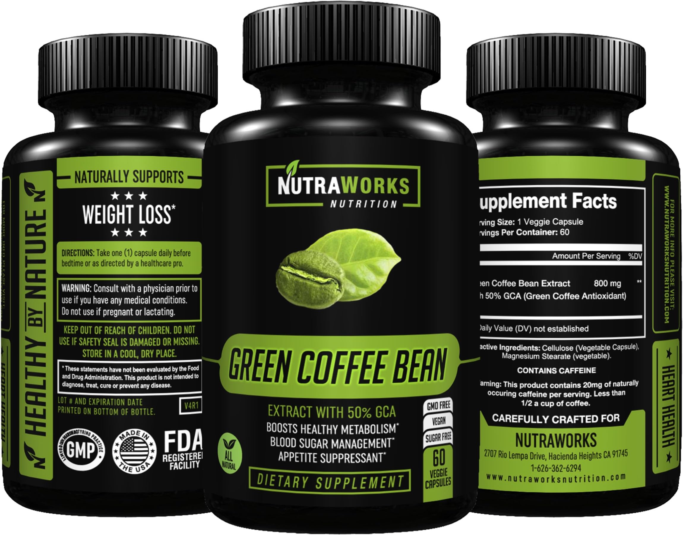 Green Coffee Bean Extract with 50% GCA 800mg - 100% Pure with Antioxidants - 100% All Natural Weight Loss Supplement, Maintains Normal Blood Sugar Levels, Non-GMO, Gluten-Free - 60 Veggie Capsules