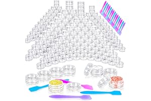 MotBach 100 Pcs 3g Empty Plastic Containers with Lids,Tiny Makeup Sample Containers Small Pot Jars Clear Round Cosmetic Jars with 20 Pcs Mini Spatulas for Liquid Sample Powder Creams (Clear Lid)