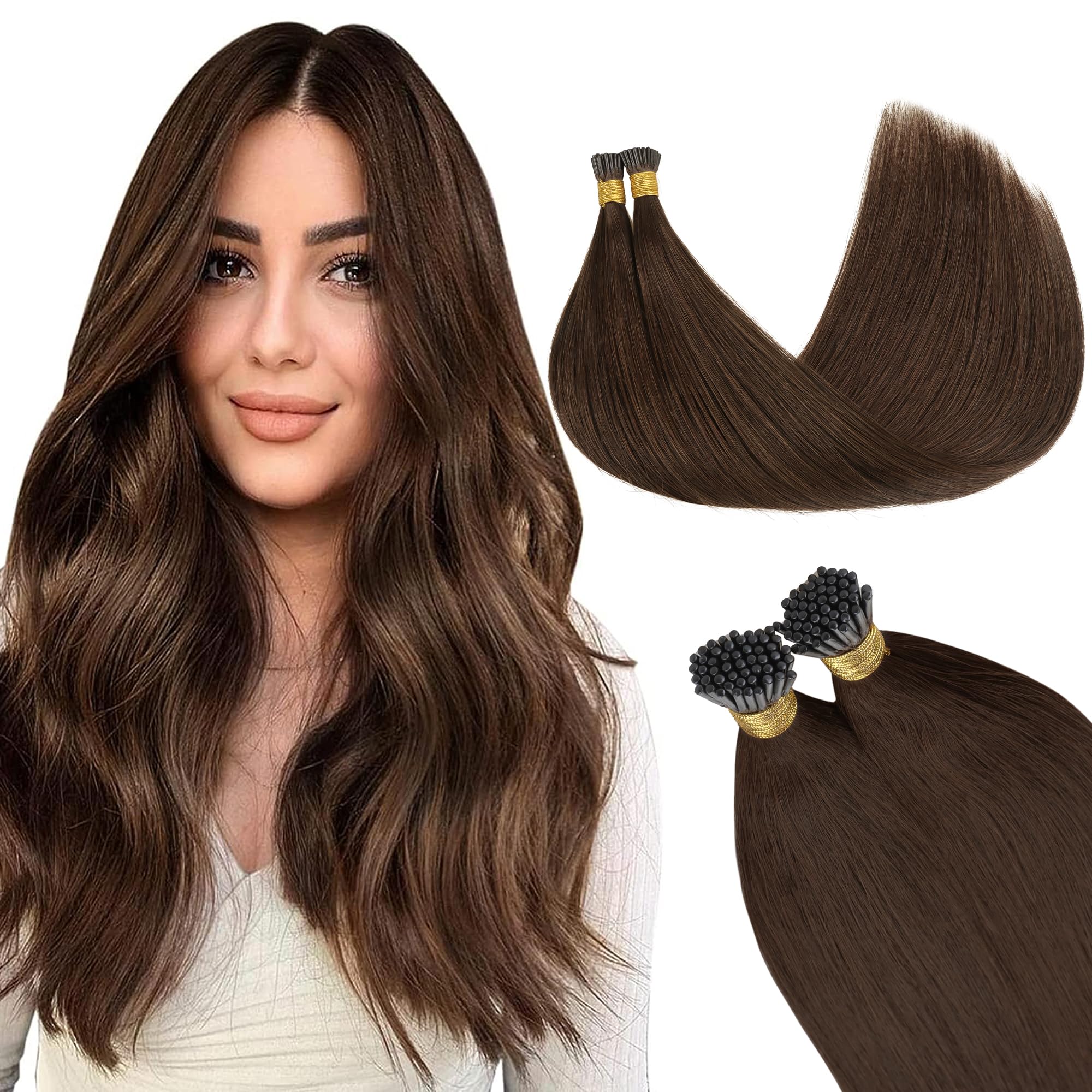 GOO GOO I Tip Hair Extensions Real Human Hair, Chocolate Brown 50g 100 Strands 16inch Cold Fusion I Tip Hair Extensions — image 1