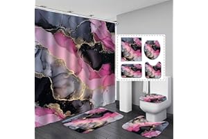 YOOOAHU Pink Abstract Shower Curtain Sets Bathroom Decor Colorful Black Gold Marble Tuxture Shower Curtain and Rugs 4 Piece, Modern Waterproof Liquid Bath Mat Carpet Guest Toilet Restroom Bathroom Accessories