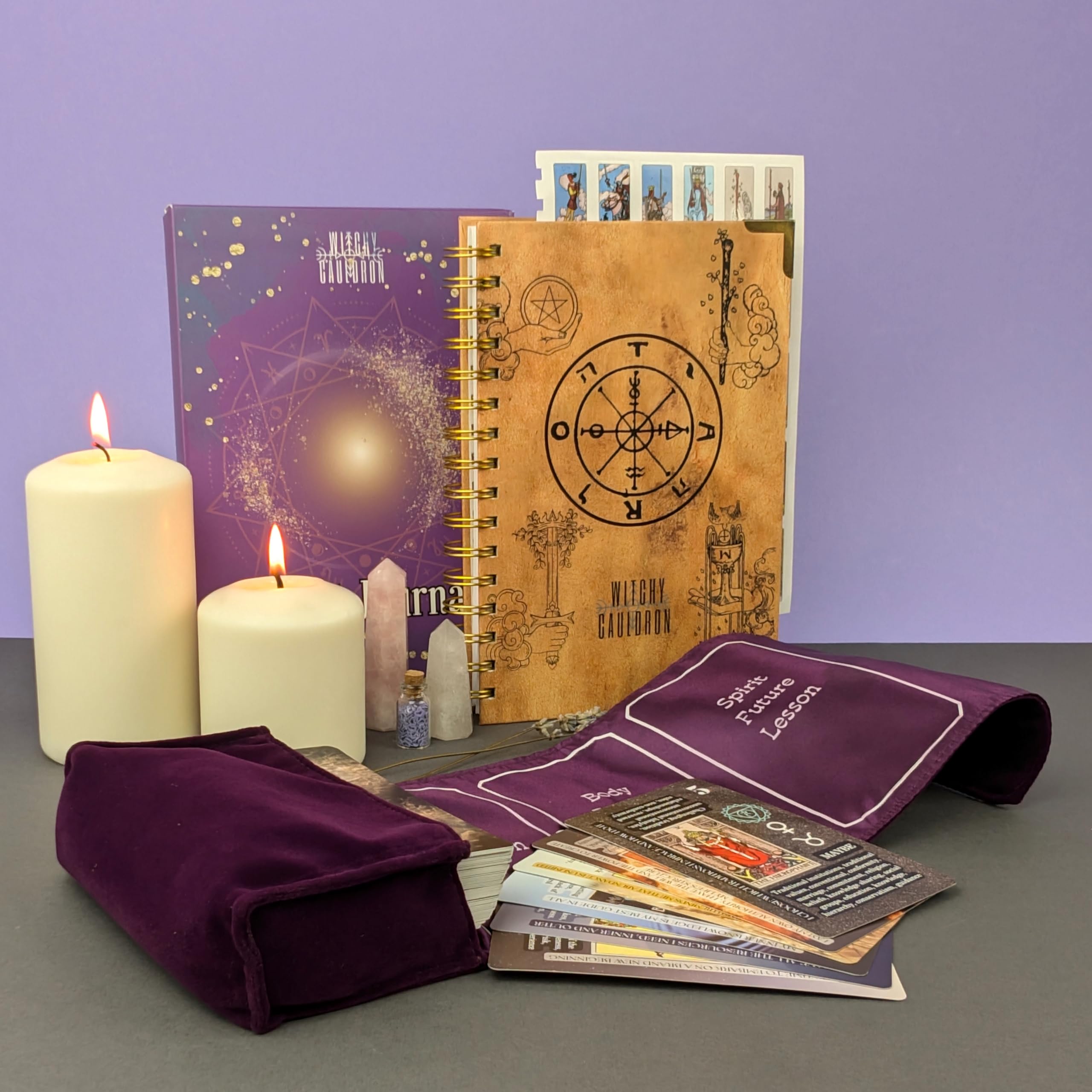 Witchy Cauldron Tarot Learning Set for Beginners: Learning Cards for Beginners, Satin Deck Holder and Journal for with Raider Waite (Purple)