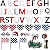 FineCheer 42 Pcs Checkered Racing Flag & Letter Embroidered Iron/sew on Patches, A-Z Letter Patches Race Car Flag Checker Iron on Motorcycle Decoration for Clothes, Hat, Backpack, Jeans, Jacket