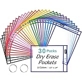 SUNEE 30 Packs Oversized Reusable Dry Erase Pocket Sleeves with 2 Rings, 10 Assorted Colors 10x14 Ticket Holders, Clear Plastic Sheet Protectors, Teacher School Classroom Supplies
