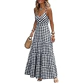 Caracilia Summer Maxi Dresses for Women Spaghetti Strap Back Smocked A Line V Neck Casual Long Dress Beach Vacation Clothes