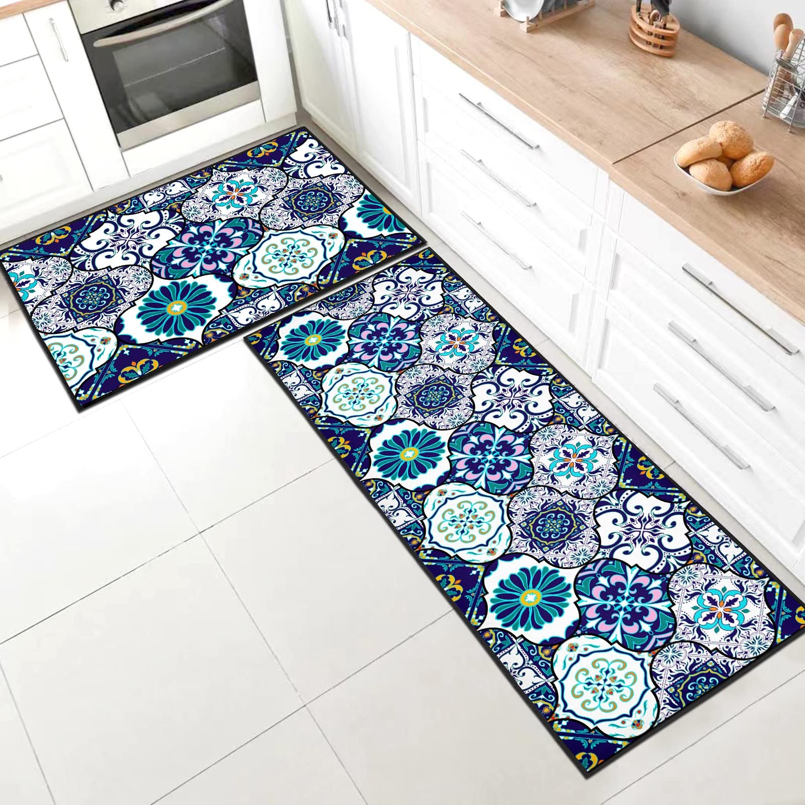 SHUAIG Kitchen Rug Set 2 Piece Non Slip Washable,Kitchen Mat Anti Fatigue Set,kitchen carpets with anti-slip stickers for Home Decoration(Style C, 40x60 + 40x120 cm)