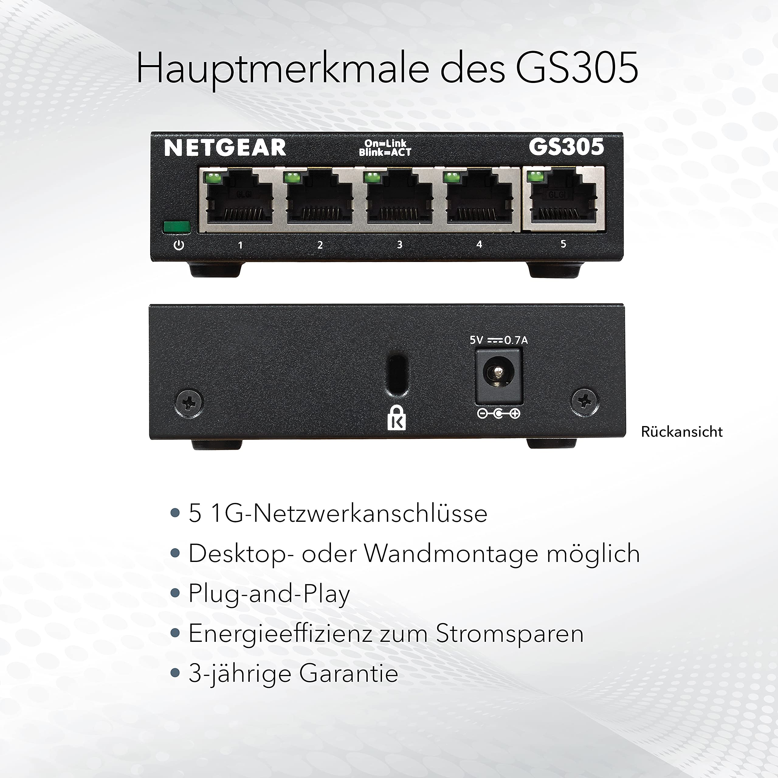 NETGEAR GS305 LAN Switch 5 Port Netzwerk Switch (Plug-and-Play Gigabit Switch LAN Splitter, LAN Verteiler, Ethernet Hub lüfterlos, Robustes Metallgehäuse), Schwarz 5