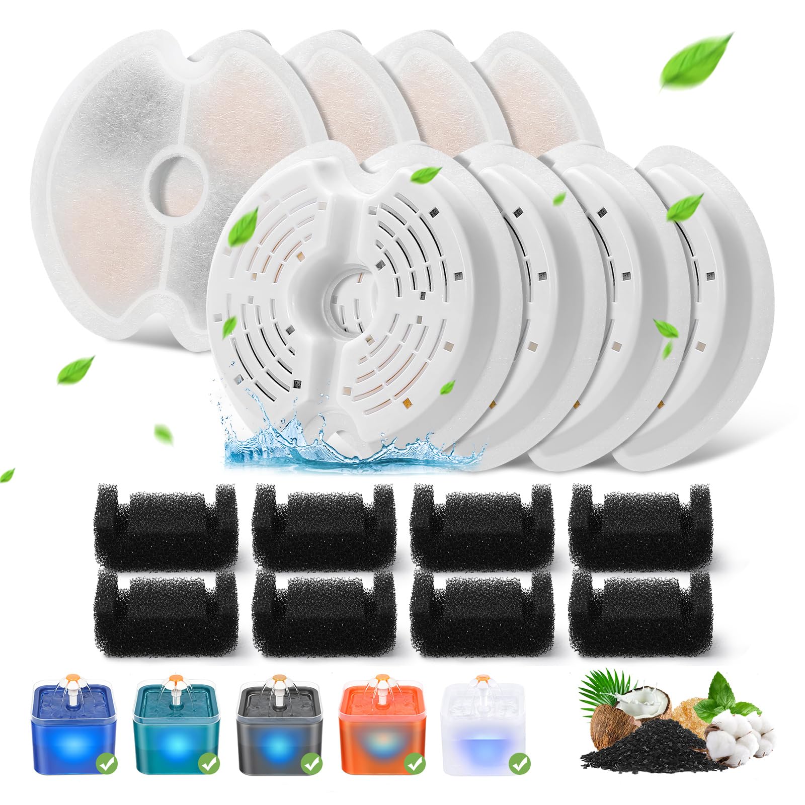 8 Packs Cat Water Fountain Filters for Ultra Silent Cat Fountain 67oz/2L with LED Night Light, Triple Filtration System Activated Carbon Filter with Pre-Filter Sponges for Pet Water Fountain