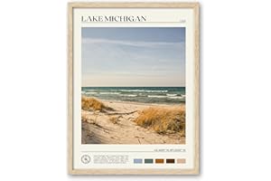 HesenDot Natural OAK Wood Lake Michigan Framed Wall Art,12x16in Natural Scenery Canvas Wall Print,Classic Urban City Landmark Wall Decor for Living Room,Bedroom,Office Gallery Gifts Set of 1