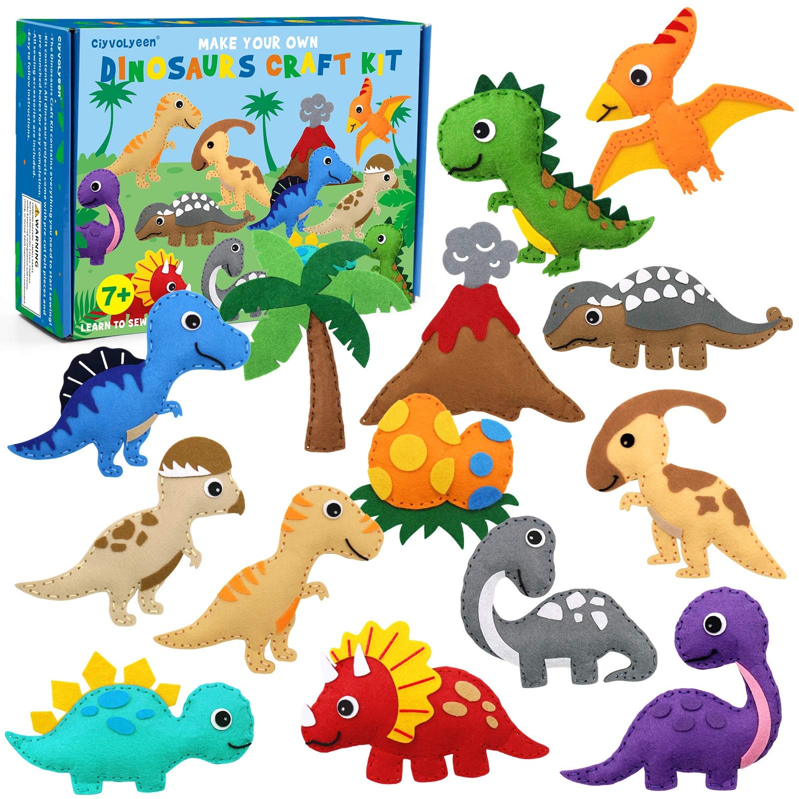 Photo 1 of CiyvoLyeen Dinosaur Sewing Craft Kit DIY Kids Craft and Sew Set for Girls and Boys Educational Beginners Sewing Stuffed Animal Felt Plush Ornaments Set of 14 Sewing Kits for Kids Age 8 9 10 11 12