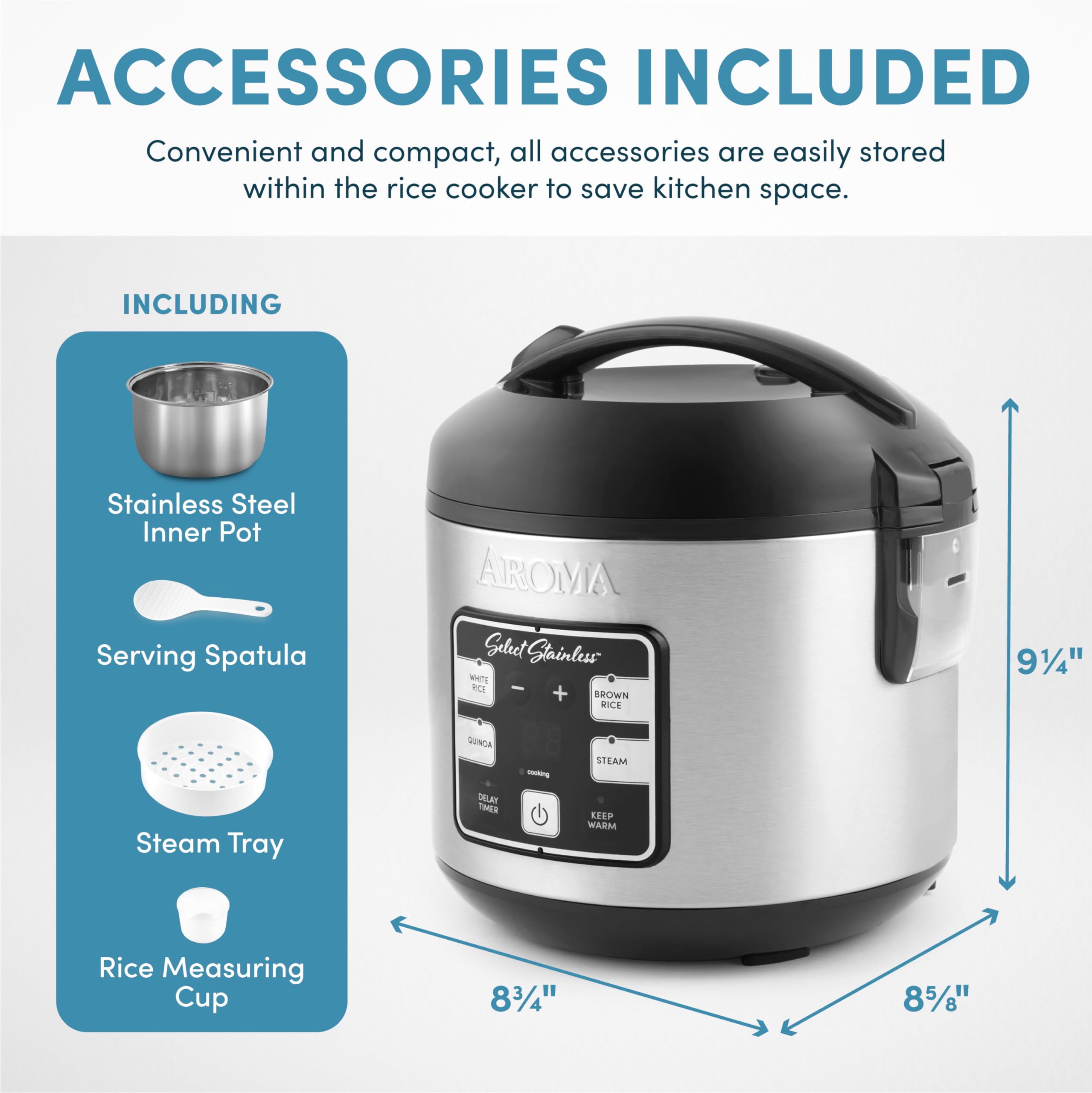 Aroma Housewares Select Stainless Digital Rice & Grain Multicooker, Rice Cooker 4 Cup uncooked, (ARC-914SBDS)