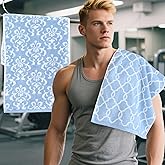 Workout Sweat Towels for Men & Women, Cotton Gym Towels Set of 2, 14"x31" - Absorbent | Breathable | Soft - Exercise Towel for Yoga, Shower, Tennis, Running & Fitness, Blue Damask and Checkered