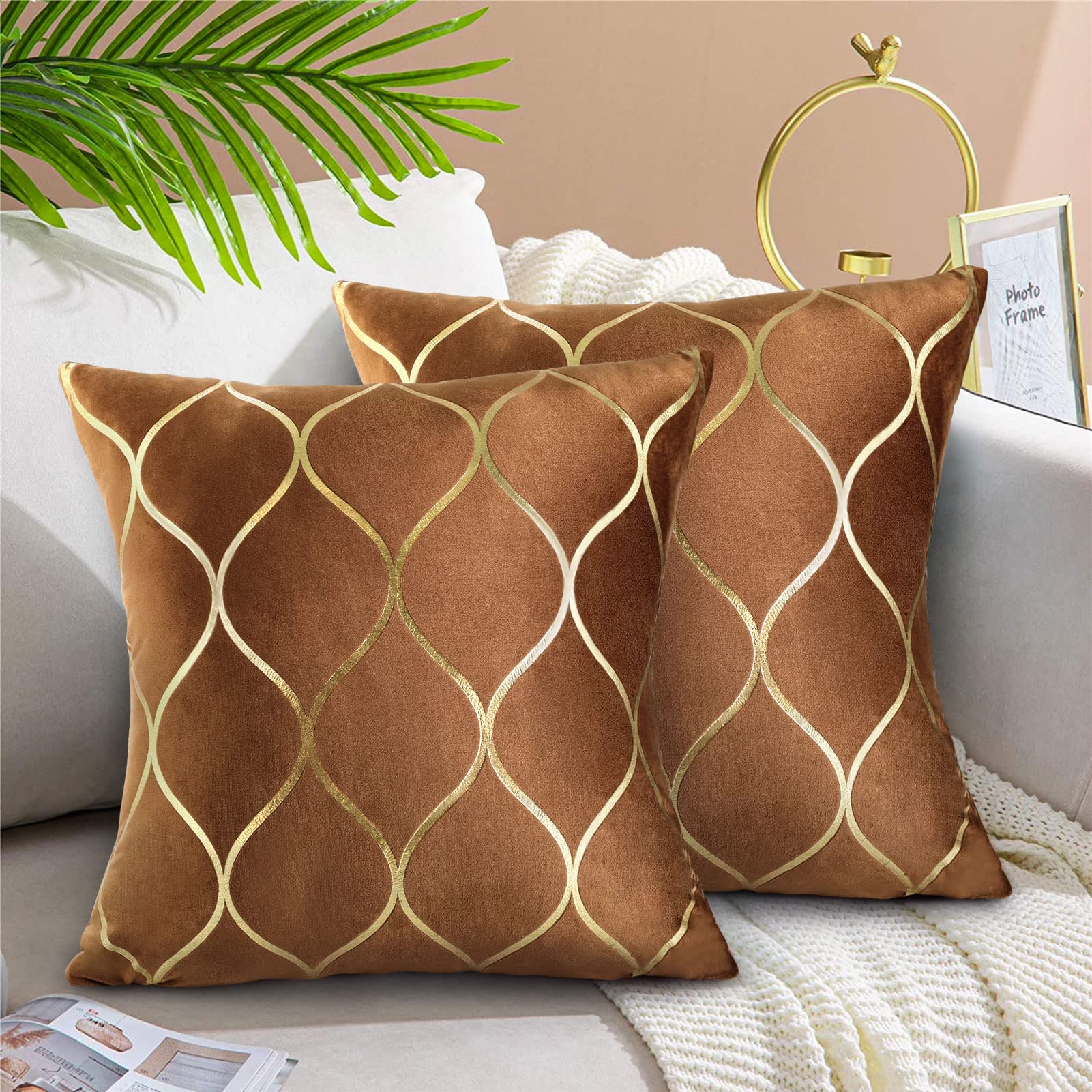 Hanrunsi Decorative Cushions Cover Set of 2 Brown and Gold Pillow Covers 40x40cm Cushion Case Soft Square Chocolate Pillowcase 16 x 16 inch