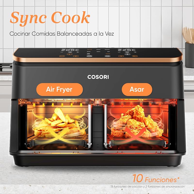 Fritadeira cosori air com cesta dupla fritadeira air 8,5l, capacidade adequada, mais saudável, acabamento sync, 2-4 pessoas, 10 em 1, 35-230 ℃, fácil de usar, rápido e crocante, interior em aço inoxidável, dourado