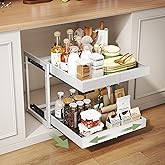 2 Tier Pull Out Cabinet Organizer ,Adjustable Width & Height, Expandable Pull-Out Drawers For Cabinets, Slide Out Shelves for Kitchen Cabinets / Countertop / Pantry,Heavy-Duty & Easy to Install(White)