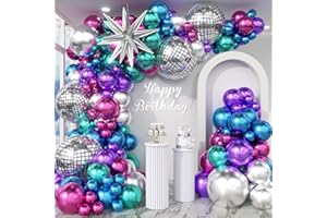 HKYOOD Disco Balloons Garland Arch Kit - 22 18 12 10 5 inch Metallic Purple Blue Hot Pink Green Silver Chrome Disco Balloon with for Birthday Sing Themed 70S 80S 90S Bachelorette Party Decorations