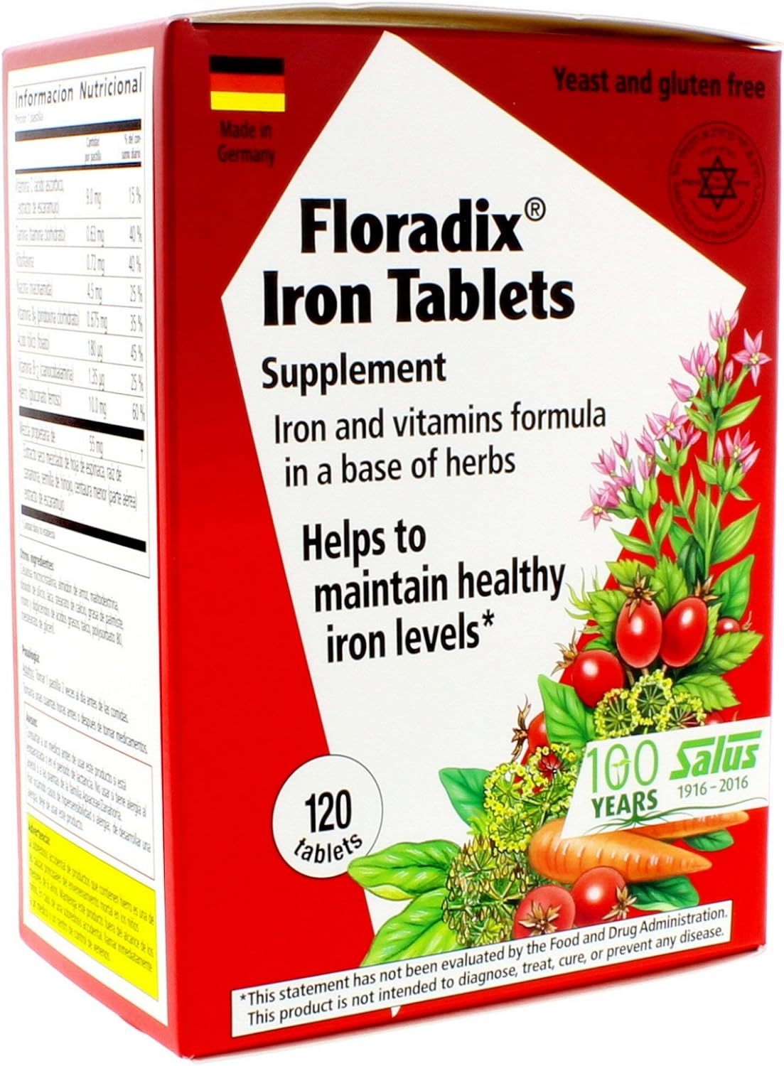 Floradix Tablets Iron Supplement 120Count XL Size - Supports Red Blood Cell Formation - Vegetarian, No Constipation, Non-GMO: Health & Personal Care