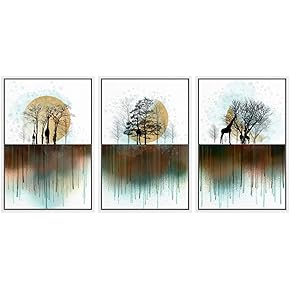 SIGNWIN 3 Piece Framed Canvas Wall Art Trees...