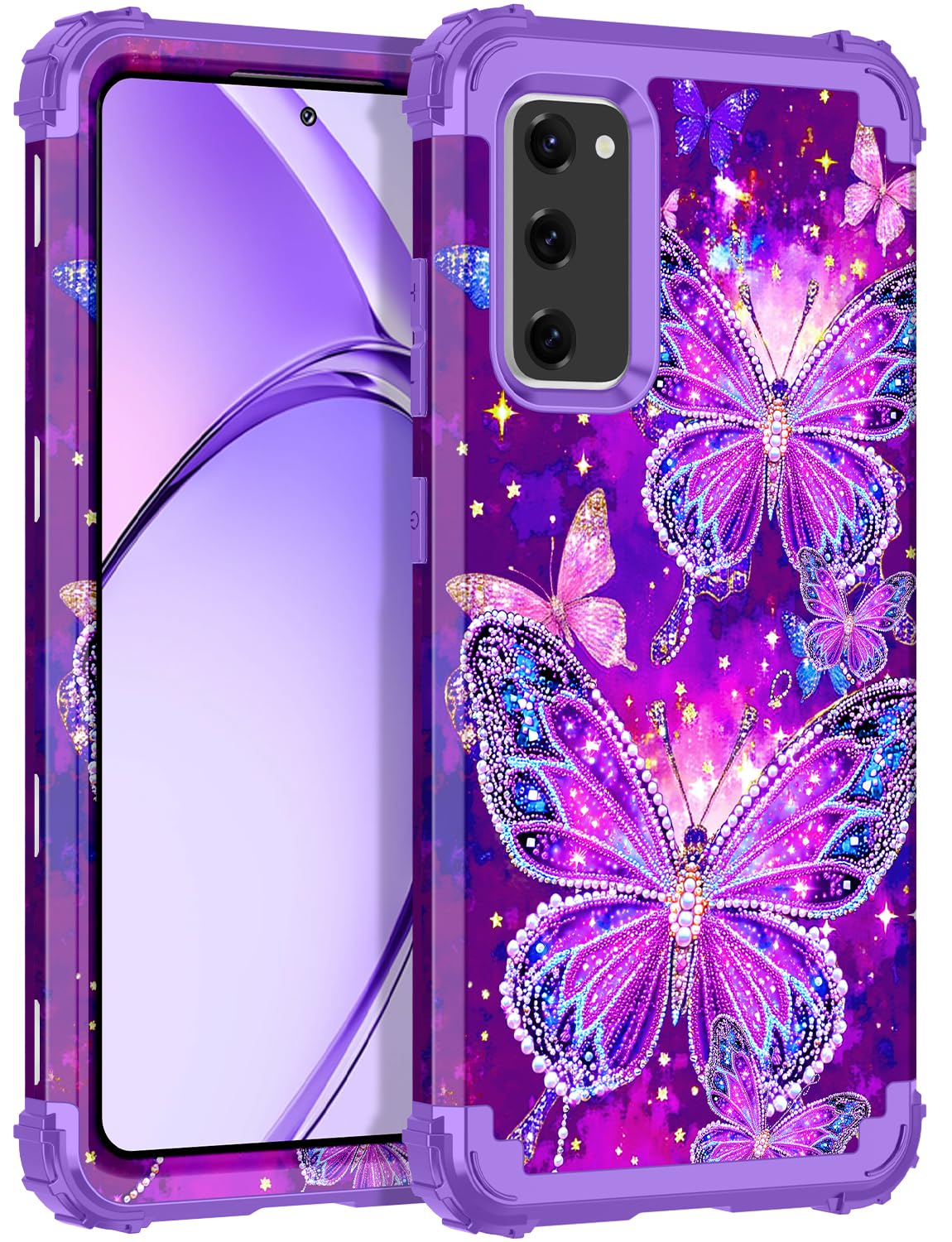Rancase for Galaxy S20 FE 5G Case,Three Layer Heavy Duty Shockproof Protection Hard Plastic Bumper +Soft Silicone Rubber Protective Case for Samsung Galaxy S20 FE 5G,Glow in The Dark-Purple