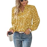 Falechay Women's Dressy Casual V Neck Smocked Long Sleeve Floral Print Chiffon Blouses Bohemian Business Tops