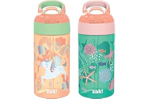 Zak Designs 16oz Riverside Kids Water Bottle with Spout Cover and Built-in Carrying Loop, Made of Durable Plastic, Leak-Proof Design for Travel (Unicorn & Shells, Pack of 2)