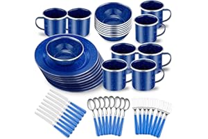 Nuogo 48 Pcs Enamel Camping Tableware Set for 8 Includes 12 oz Enamel Coffee Mugs 10.5 Inch Camping Plates 6 Inch Bowls and C