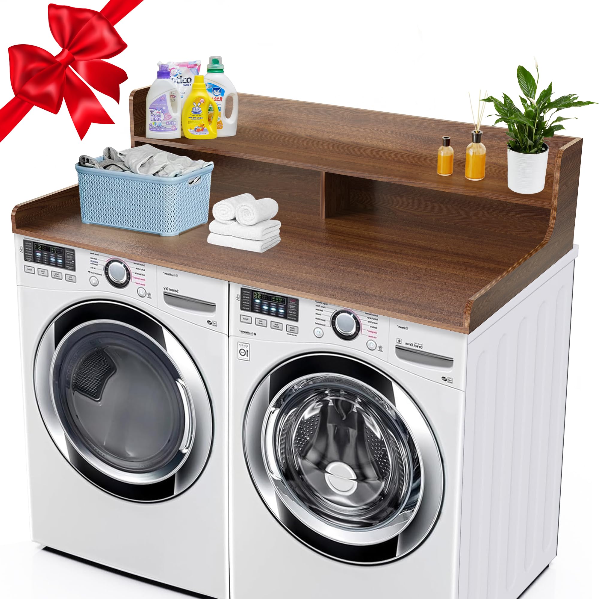 Photo 1 of ***FINAL SALE, VIEW NOTES.MAJOR DAMAGE*** KUPABABI Washer Dryer Countertop with 2-Tier Shelf, 3" H Raised Edge Laundry Topper for Washer and Dryer, 54" W x 27.5" D Laundry Room Countertop Organization Storage with Non-Slip Pad (Walnut)