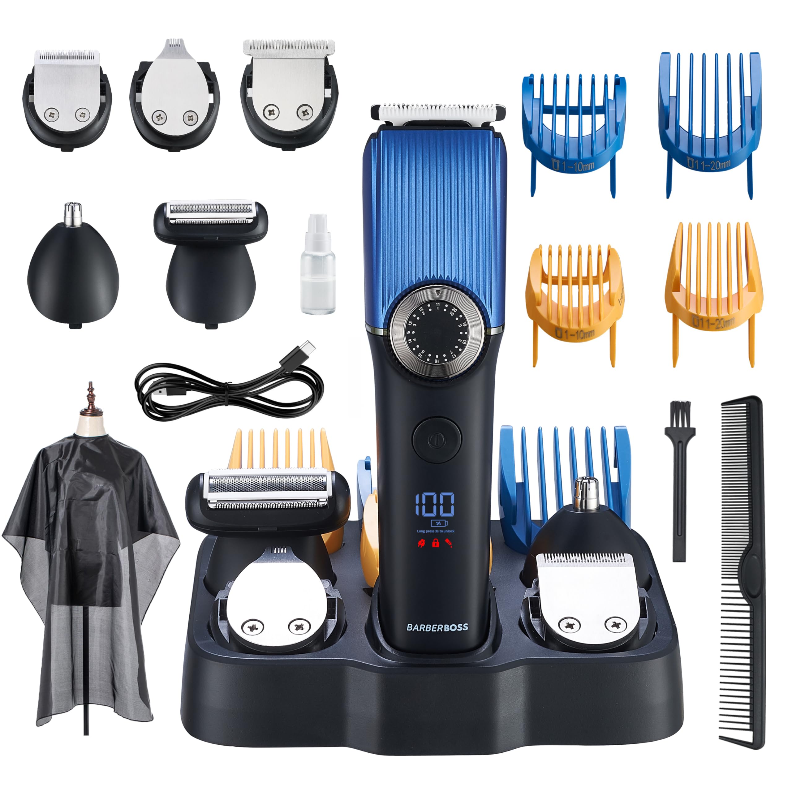 BarberBoss Beard Trimmer Men, Hair Clippers - Nose, Ear & Beard Grooming Set, Rechargeable, 39 Cutting Lengths, Precision Dial, Ceramic Blade, Waterproof, LED Display, QR-6082