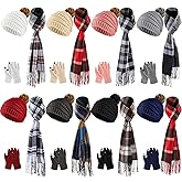 Casuallined 32 Pcs Women Hat Scarf Gloves Winter Ear Warmer Set Knitted Beanie Plaid Scarf Touchscreen Gloves Earmuffs