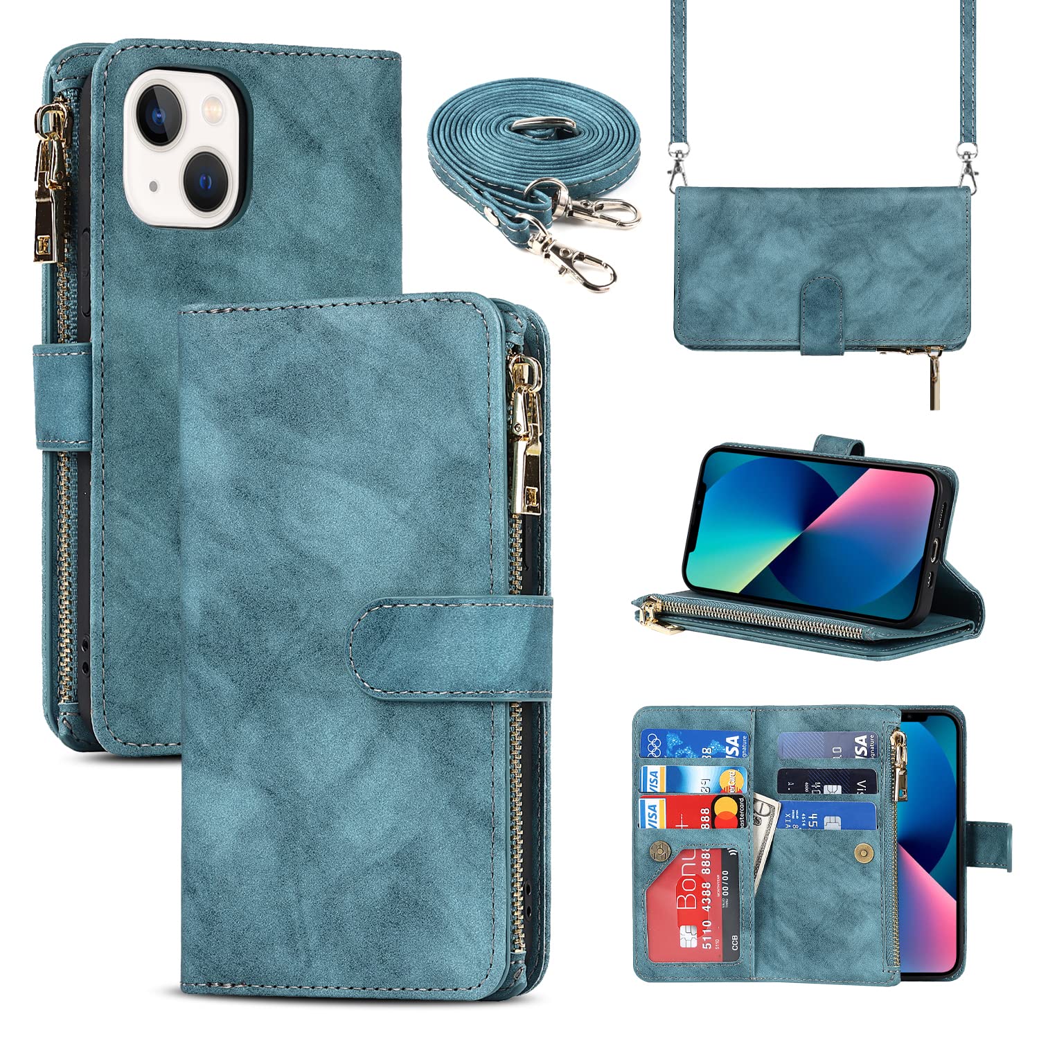 Cavor Crossbody iPhone 13 Mini Case With Card Holder With Strap,Flip Leather Wallet Case,[9 Card Holder] Zipper Detachable Lanyard Phone Case Cover for Women for iPhone 13 Mini - Light Blue — image 1