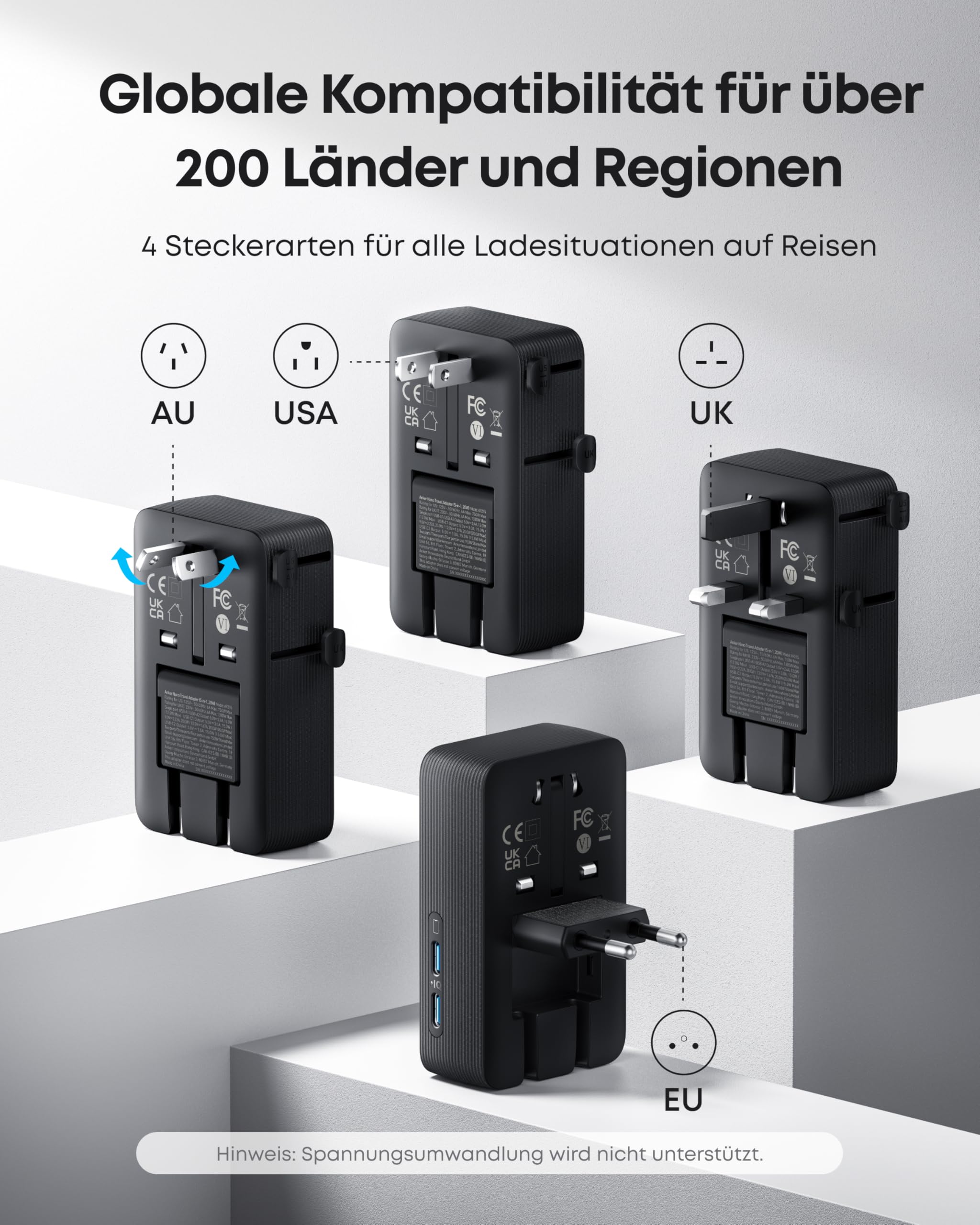 Anker Nano Reiseadapter Weltweit, Universal Reiseadapter mit 4X USB, 2X USB C, 2X USB A und 1x AC, Steckdosenadapter für Deutschland USA England, einsetzbar in über 200 Ländern, ideal für Reisen 2