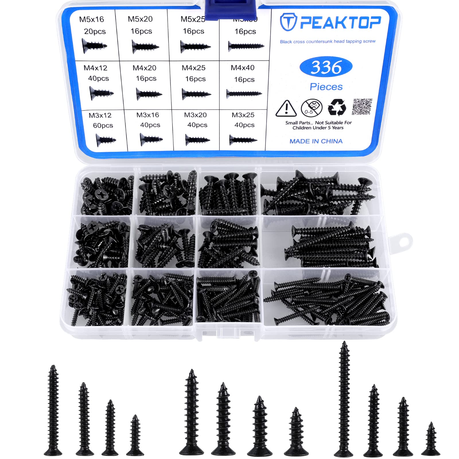 336Pcs Self Tapping Screws Black, M3 M4 M5 Round Head Wood Screws Assortment, 304 Stainless Steel Cross Drive Self-tapping Screws Kit for Home DIY Projects Soft Metal Plastic