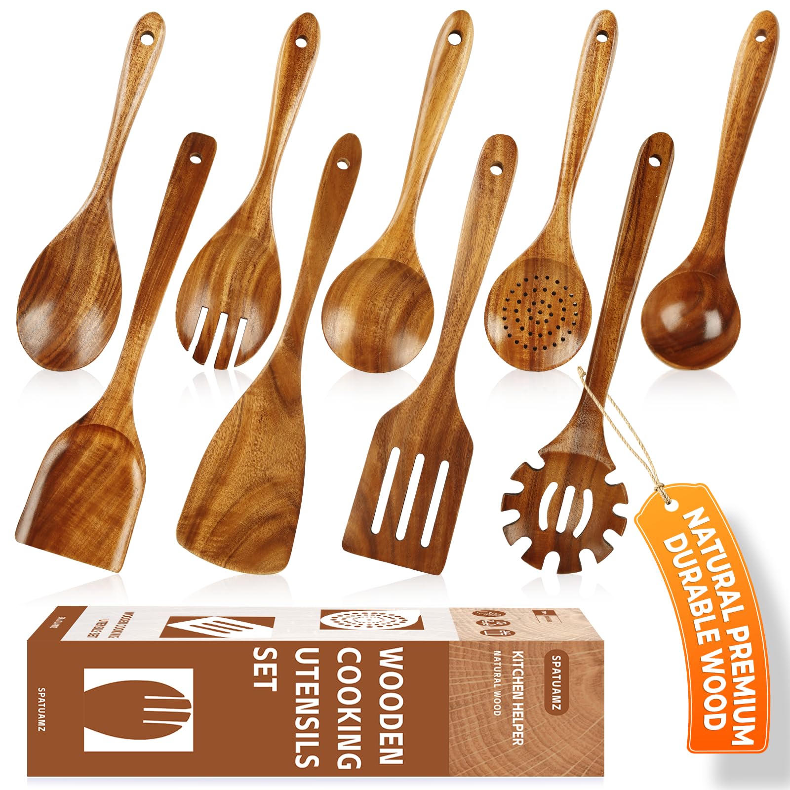 SPATUAMZ Wooden Kitchen Utensils Set, Smooth Finished Wooden Spoons for ...