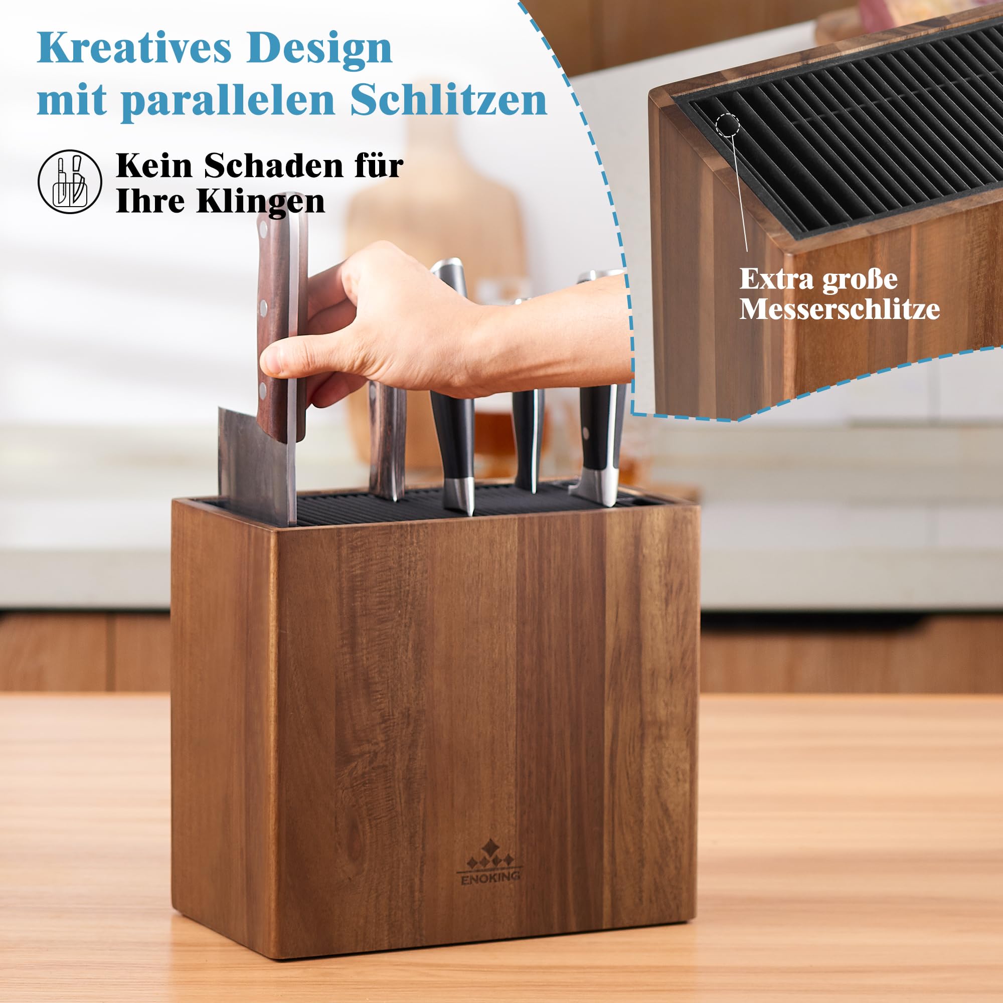 ENOKING Messerblock ohne Messer aus Akazienholz, Universal Messerblock mit Kunststoffdeckel, Hochwertiges Messerhalter für Messer und Geflügelschere/Wetzstahl 2