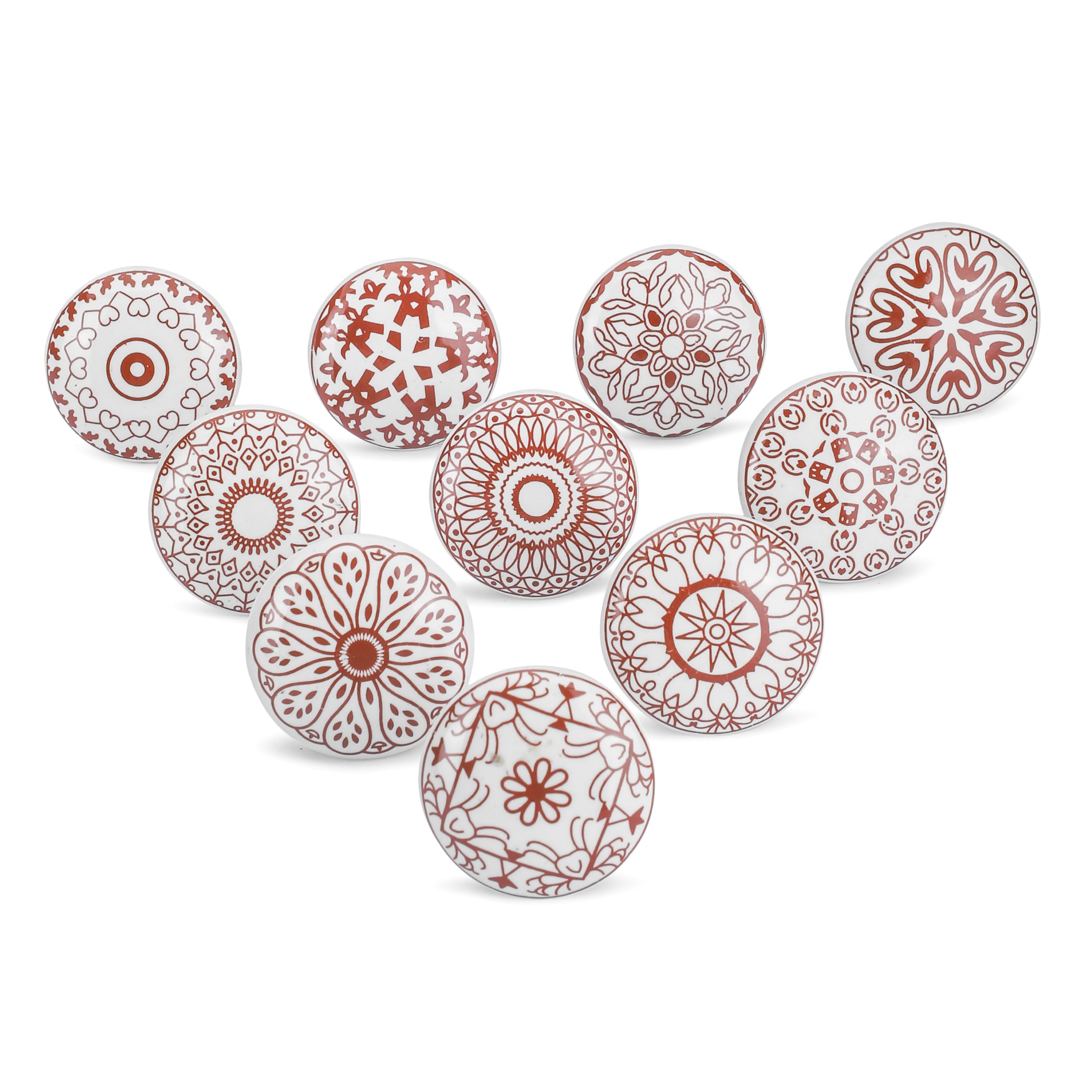 Ajuny Set of 10 Ceramic Knobs Red White Printed Cupboard Door Drawer and Furniture Pulls for Kitchen Cabinets Bathroom Dresser Drawers Handmade Pottery Decorative Knobs
