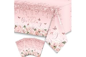 HAKOTI Pink Rose Gold Tablecloth Decoration - 3 PCS Happy Birthday Tablecloth Disposable Plastic Sequin Tablecloth Girls Birthday Wedding Party Tablecloths for 50th 60th 70th 80th Men or Women