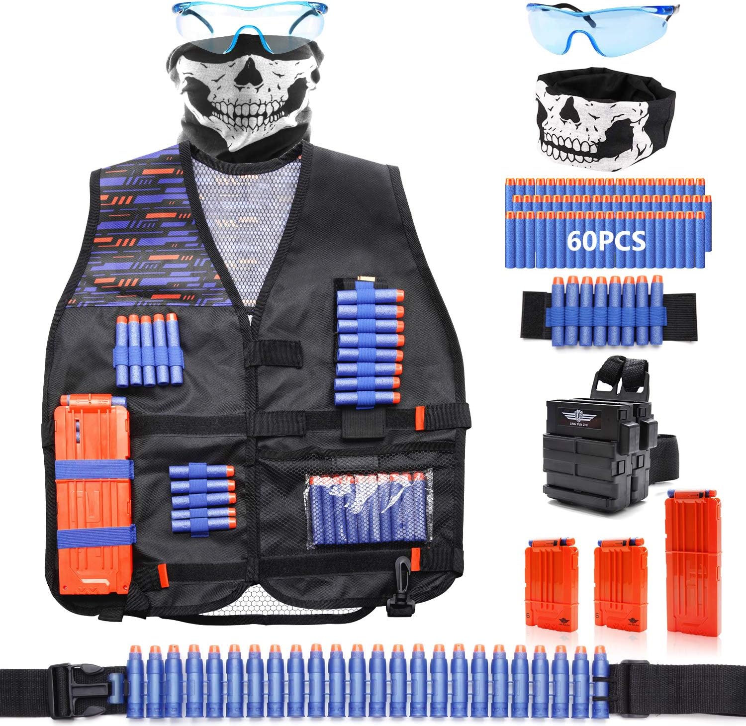 MASCARRY Tactical Vest Kit Compatible with Nerf Guns N-Strike Elite Series, 3 Reload Clips, with 60 Pcs Refill Darts, 1 Wrist Band, 1 Face Mask, 1 Protective Glasses, 1 Bullet Belt and 1 Strapped Clip