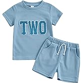 Lamuusaa Toddler Baby Boy Birthday Outfit One/Two Letter Embroidery T-shirt Jogger Shorts Waffle Summer Clothes