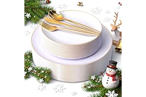 I00000 150PCS White and Gold Plastic Plates with Disposable Silverware for 30 Guests,White Plastic Plates Set Include 30 Dinner Plate,30 Dessert Plate,90 Gold Cutlery for Wedding & Party