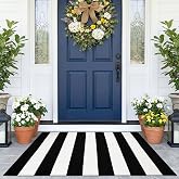 KOZYFLY Black White Striped Area Rug 27.5x43 in Woven Cotton Front Door Mat | Washable Indoor Outdoor Rug, Welcome Doormats, Small Kitchen Entryway Rug, Front Door Rug for Patio Front Porch Decor