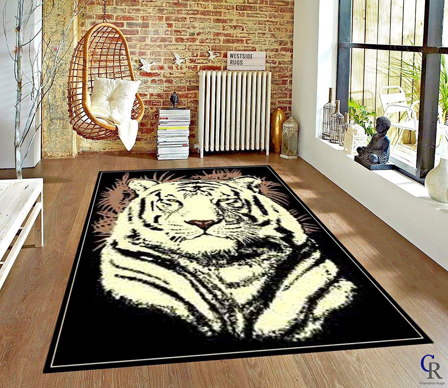 Champion Rugs White Tiger Head Area Rug Rugs Living Room Bedroom (5’ 3” X 7’ 5