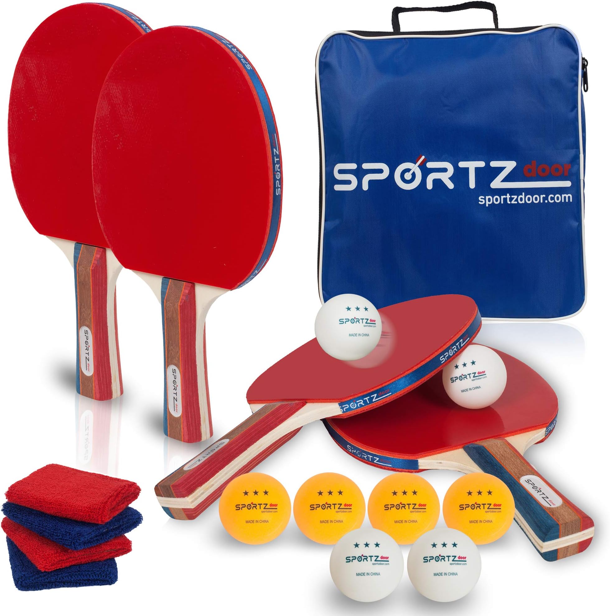 SPORTZdoor Ping Pong Paddle Set - Table Tennis Game - 4 x 7ply Match Quality Racket Quality Rubber - 8 x Professional 3 Star Balls - Accessories 4 x sweatbands - Cover case - use Indoor Outdoor Kids